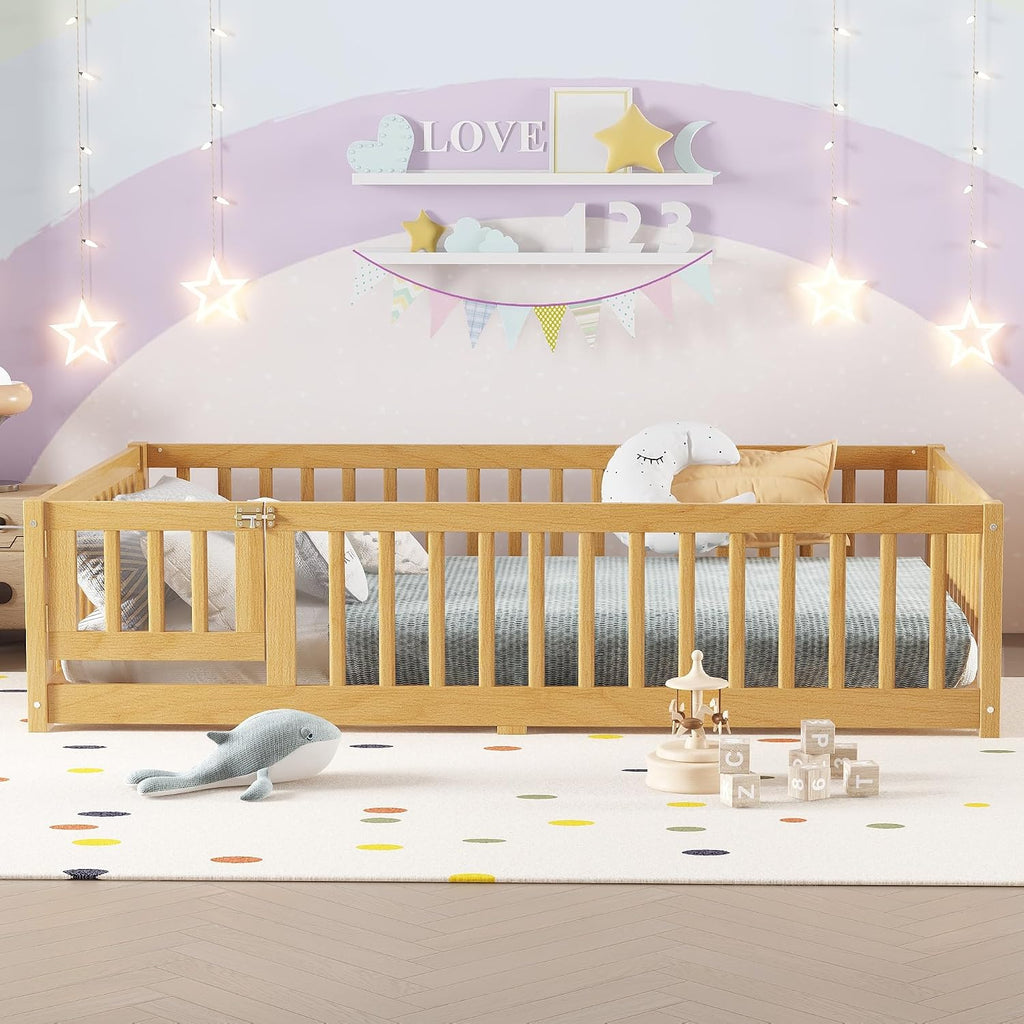 Full Size Montessori Bed with High Fence and Guardrail, Solid Wood Floor Bed Frame for Kids Boys Girls, Natural