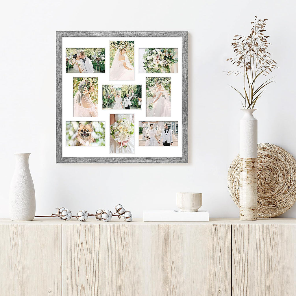 17x17 Collage Frame with 9 Openings 4X6 Pictures, Multiple Picture Frame with Mat, Wall or Tabletop Decor, Grey Wood