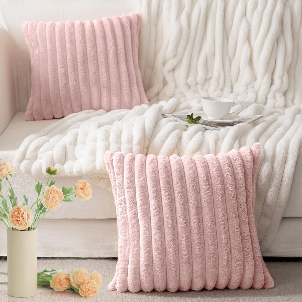 Faux Fur Pillow Covers 22x22 Set of 2, Pink