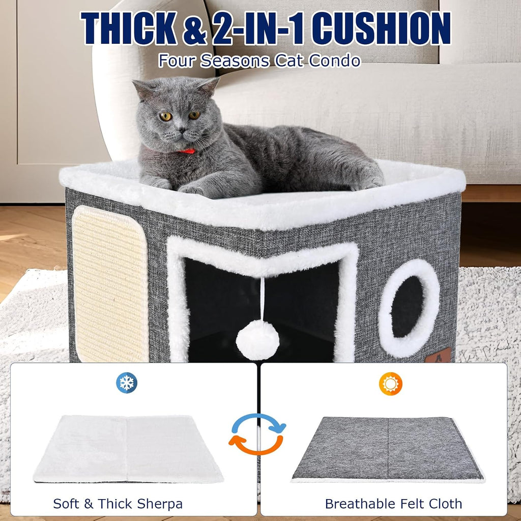 Cat Beds for Indoor Cats, Large Cat Cave Bed with Scratch Pad and Fluffy Ball, Foldable Cat Hideaway, Cat House