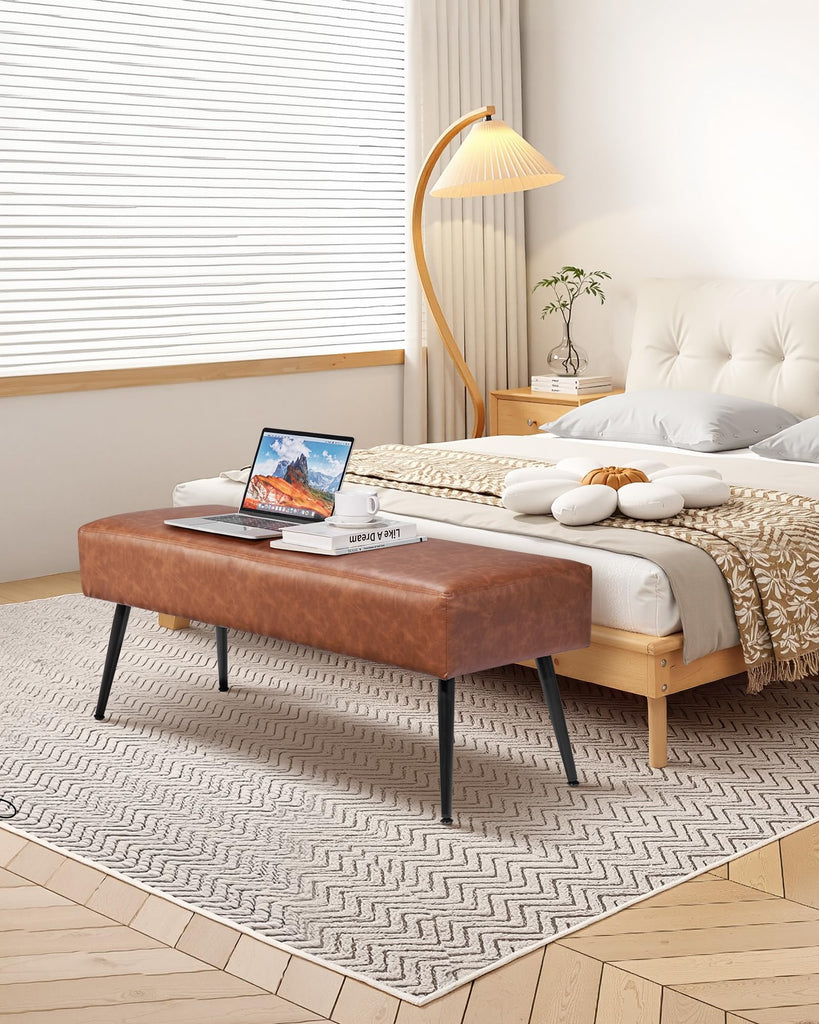 Leather Bedroom Bench, PU Leather Bench with Metal Legs and with Stitching, Upholstered Shoe Bench Seat, Modern End