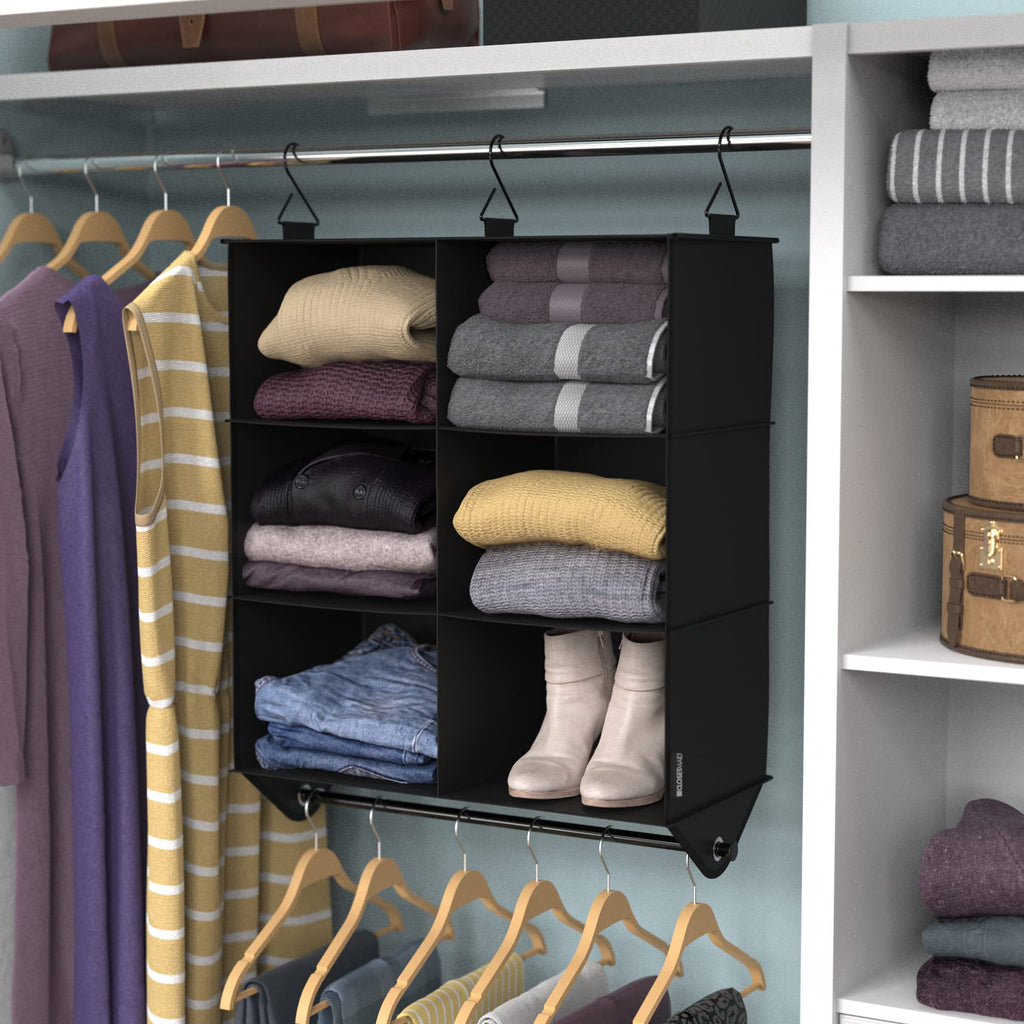6-Shelf Fabric Hanging Closet Organizer with Garment Rod for Shirts, Sweaters, Pants, Hats, Shoes, Purses with
