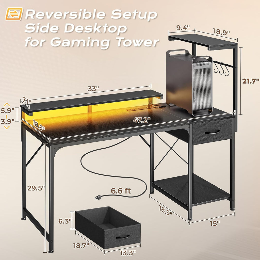 47.2 Inch Gaming Desk with LED Lights & Power Outlets | Computer Desk with Drawer & Storage Shelves, Office Writing