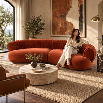 102.36" Curved Sectional, Orange Red Velvet 4-Seat Couch