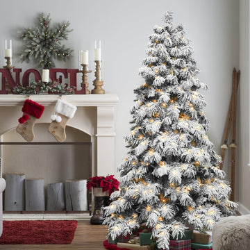 Prelit Flocked Christmas Tree, Premium Artificial Christmas Tree with 270 Warm White Lights and 594 Branch Tips