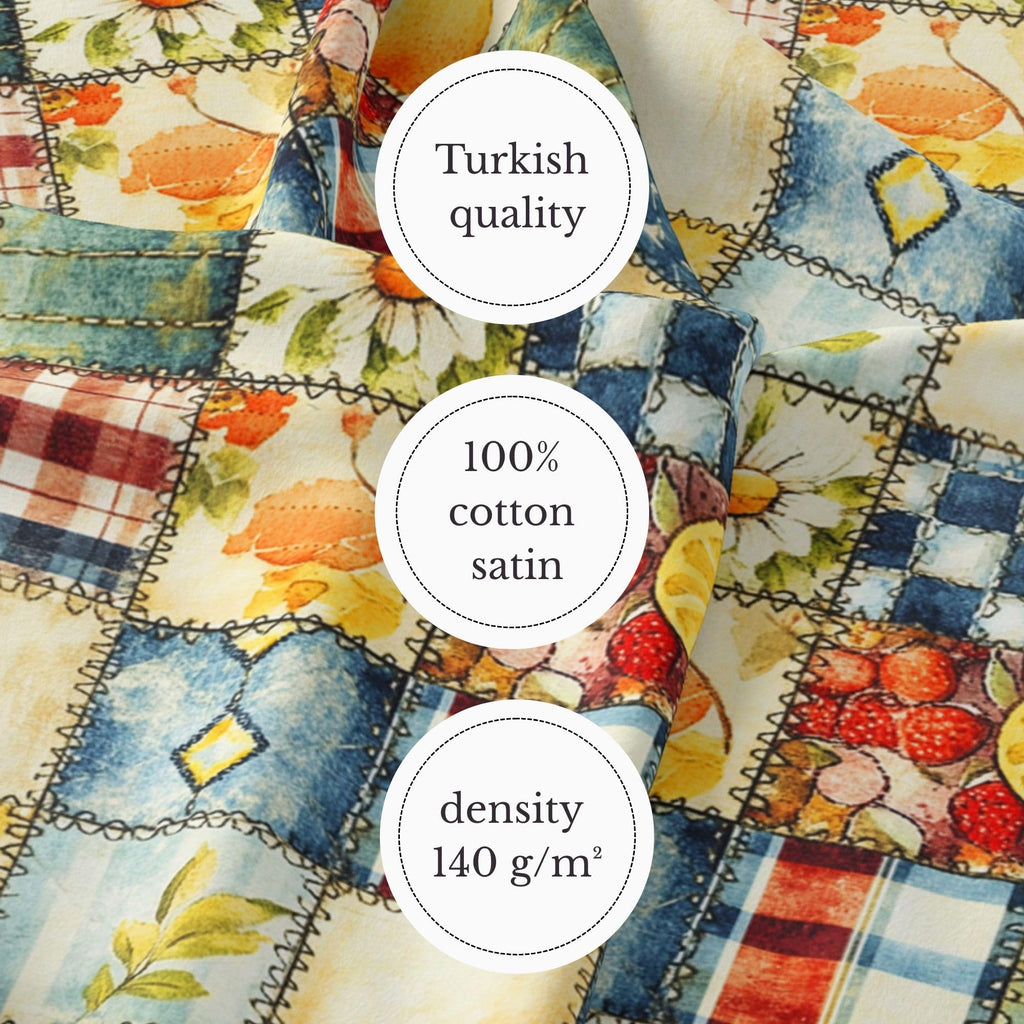 Patchwork Cotton Fabric Panel 61 x 36.6 Inches, Lemon Fruit Quilt Style Pattern, Rustic Blue Yellow Design, 100%