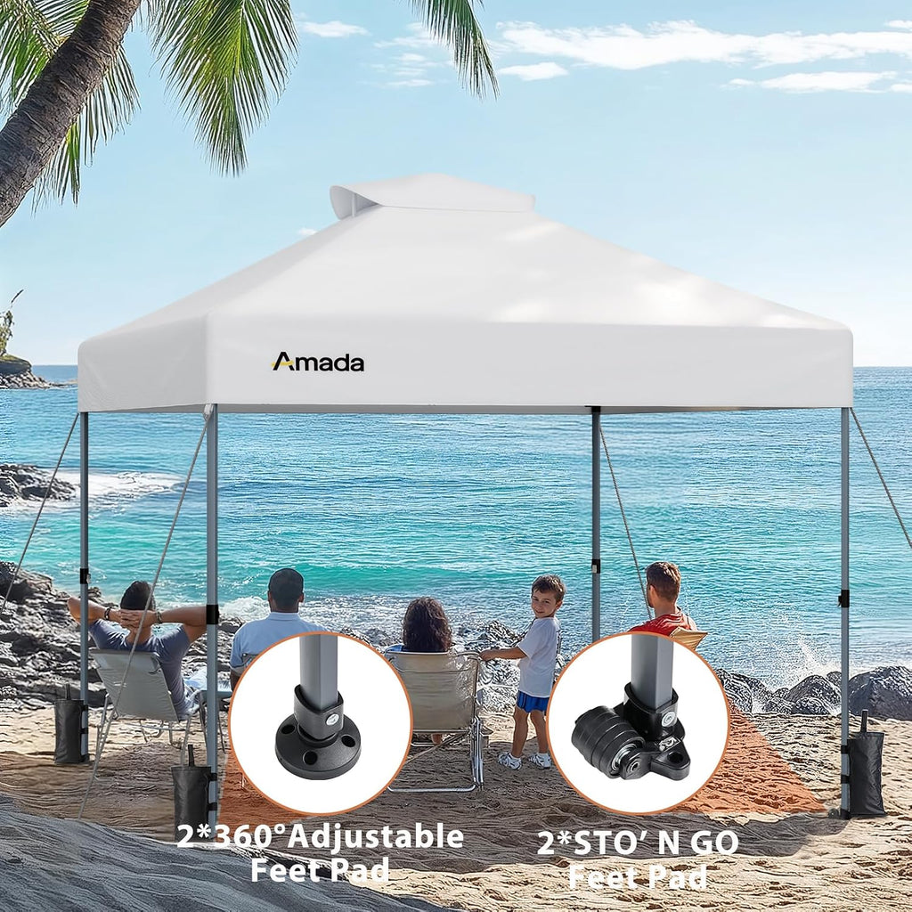 Amada 10x10 Pop Up Canopy Tent, 1-Button Push Easy-up Outdoor Canopy Beach Tent with 3-Height Adjustable Sun Shade