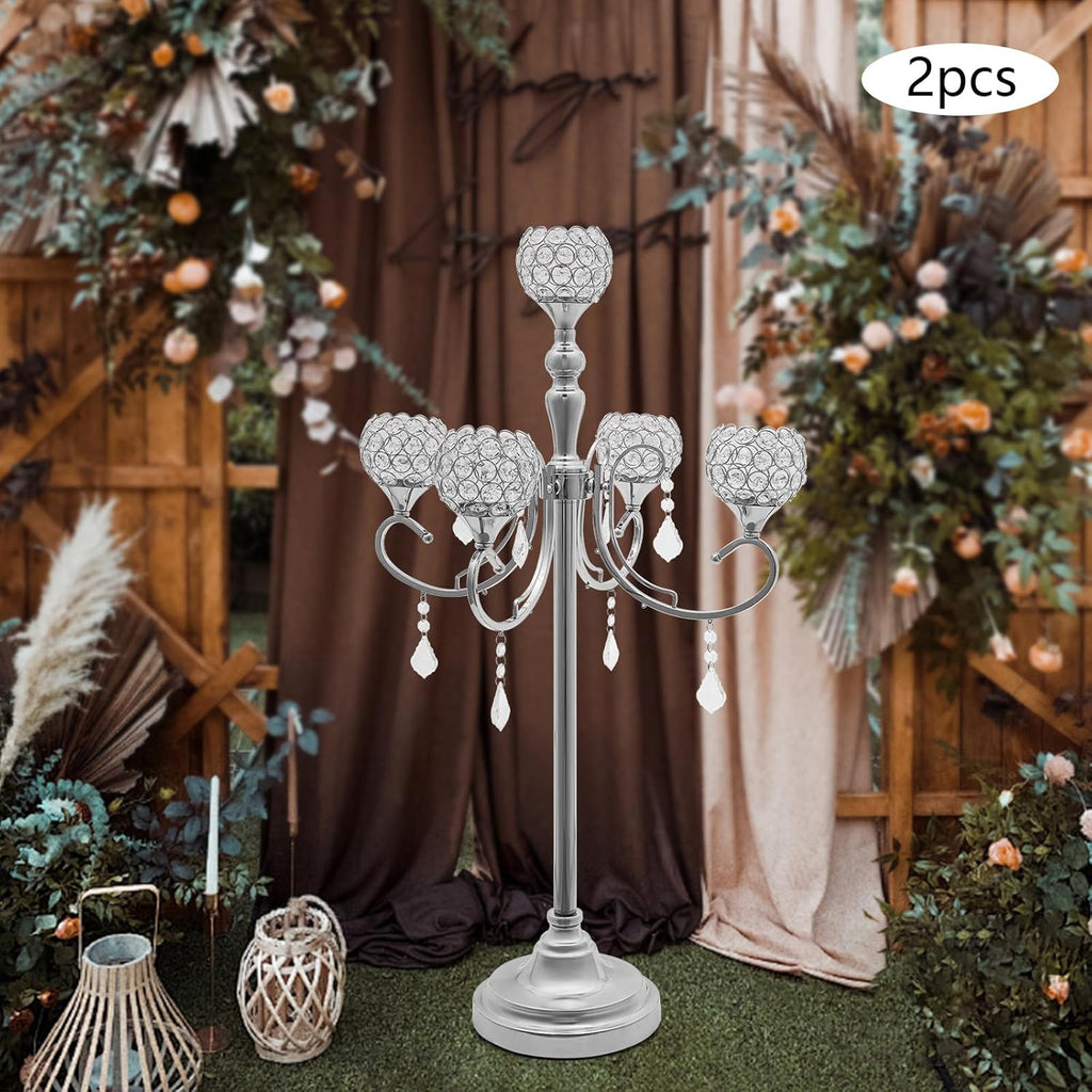 2 Pcs 5 Arm Gold Candelabra Centerpiece, 33 Inch Tall Crystal Candle Holder Centerpiece for Tables Elegant Metal