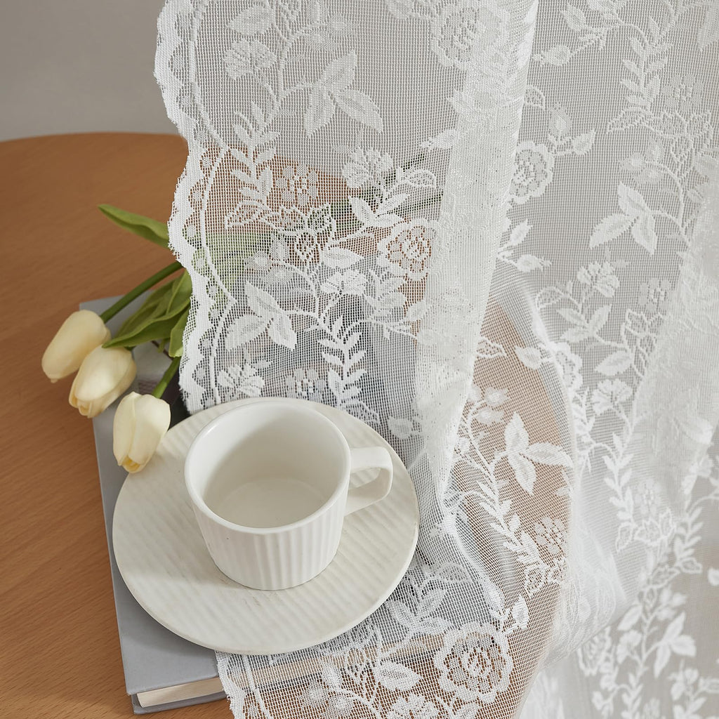 Lace Curtains 84 Inches Long - Rustic Branch Leaf Floral Patterned Ivory Sheer Lace Curtains, Scalloped Macrame