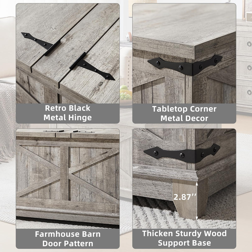 Farmhouse Coffee Table with Hidden Storage Organizer, Modern Square Large Center Table, Wood Farm House Low Rustic