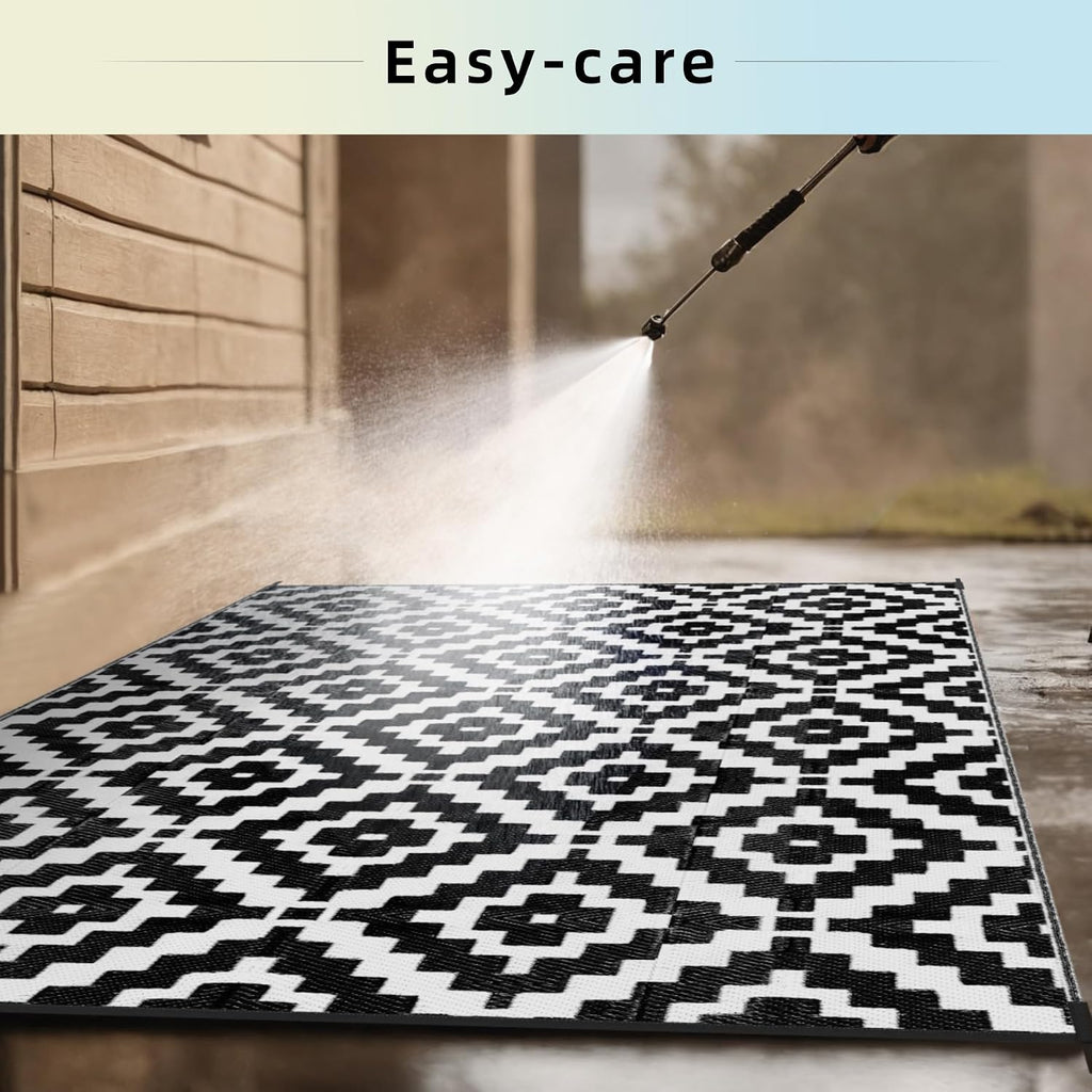 Outdoor Rug Black & White Waterproof Reversible Carpet Mat