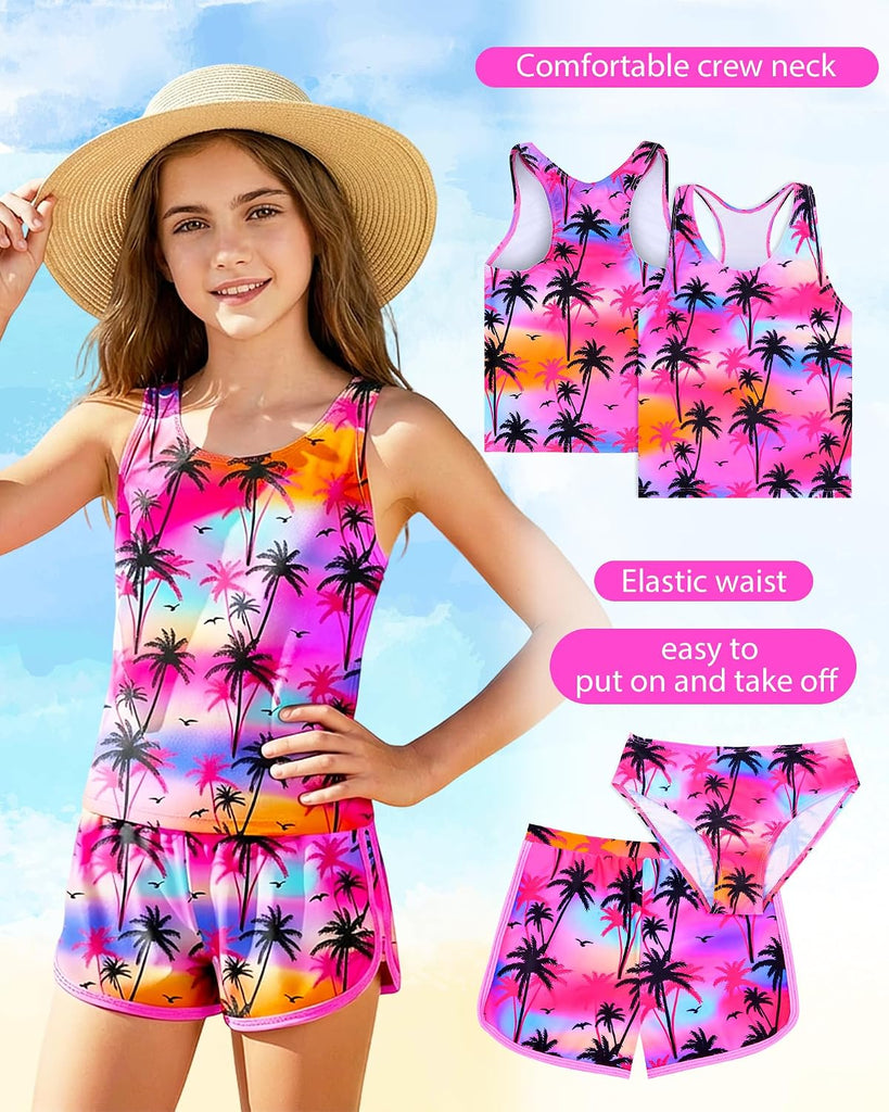 Girls Tankini Swimsuit 3 Piece Bathing Suit Set Cute Bikini Swimwear with Shorts Summer UPF 50+ Racerback Kids Swim
