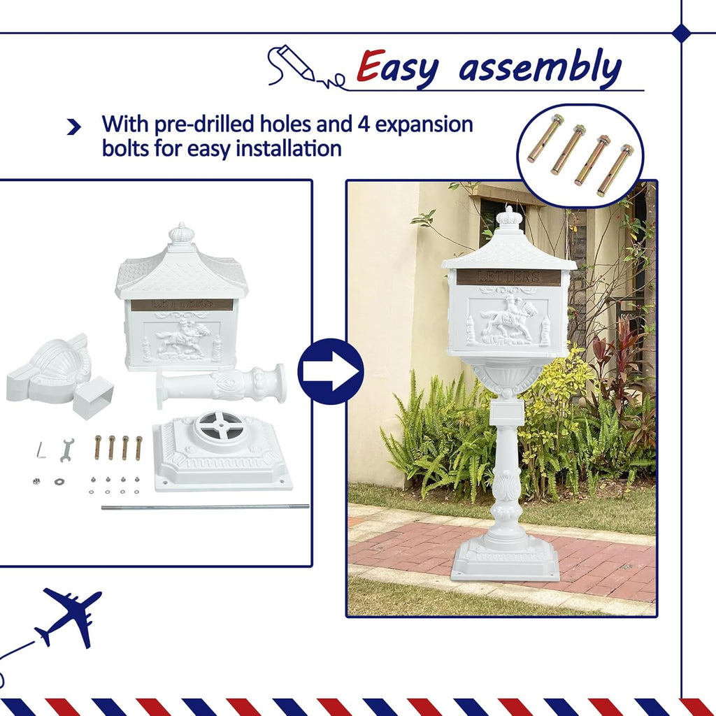 Cast Aluminum Mailbox, White Lockable Postal Box with Keys, Heavy Duty Vertical Letter Box Yard