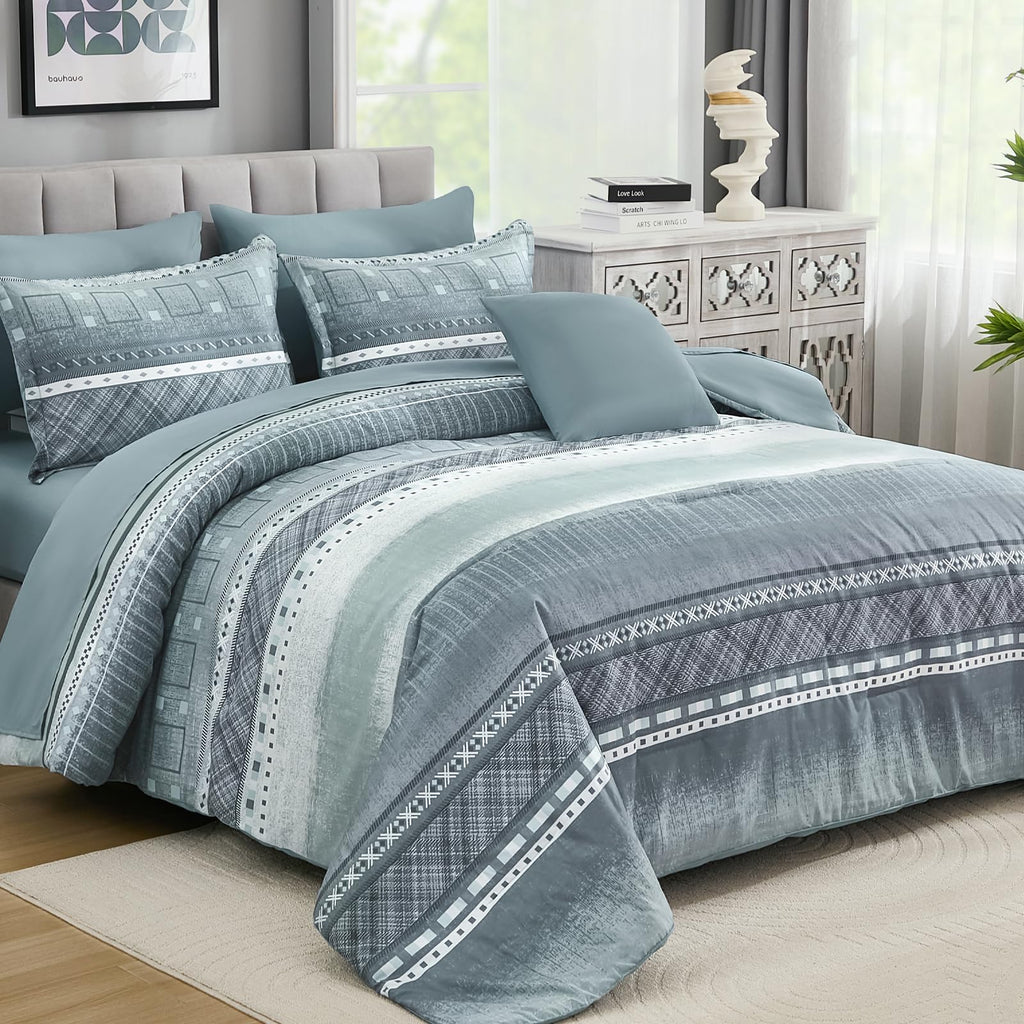8 Piece Queen Size Comforter Set Blue Boho Bed Set