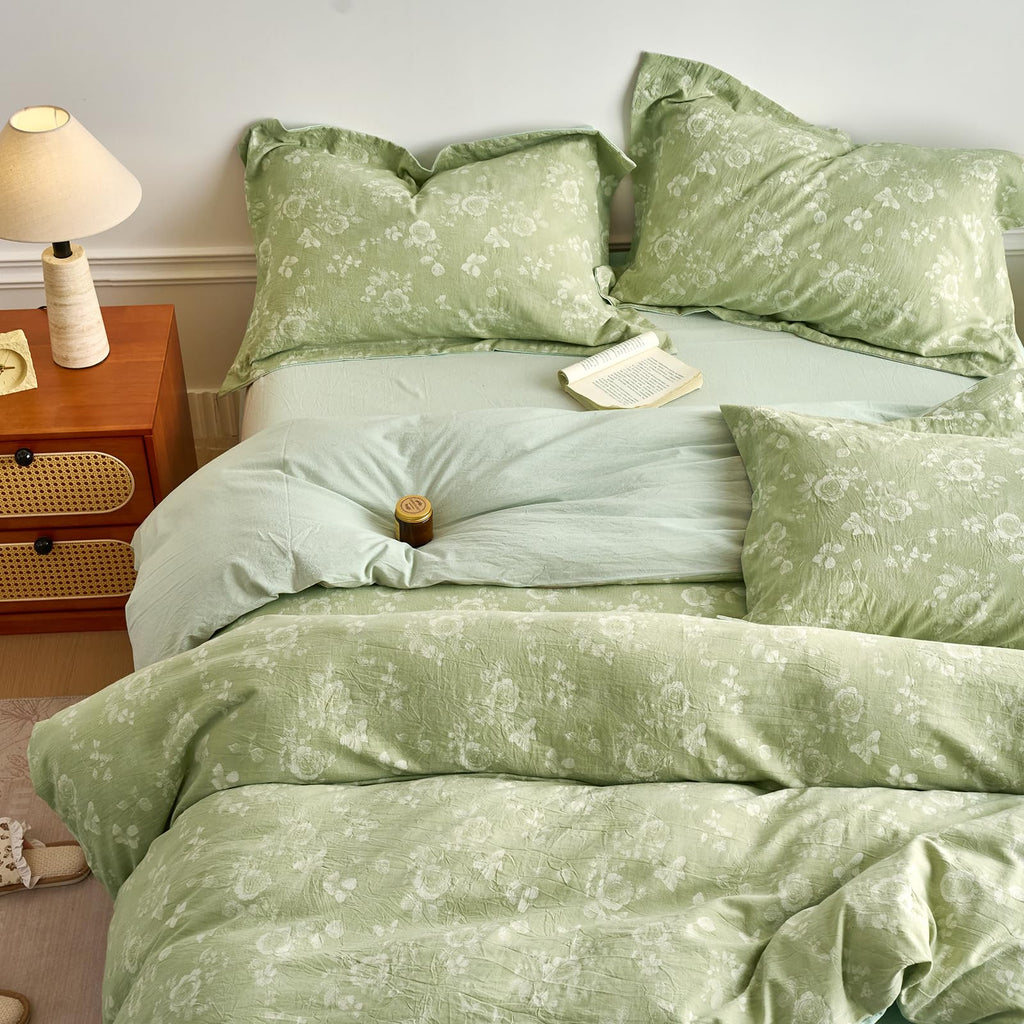 100% Washed Cotton Cover Set, Reversible Vintage Green Floral Butterfly Jacquard Textured Comforter Cover, Boho