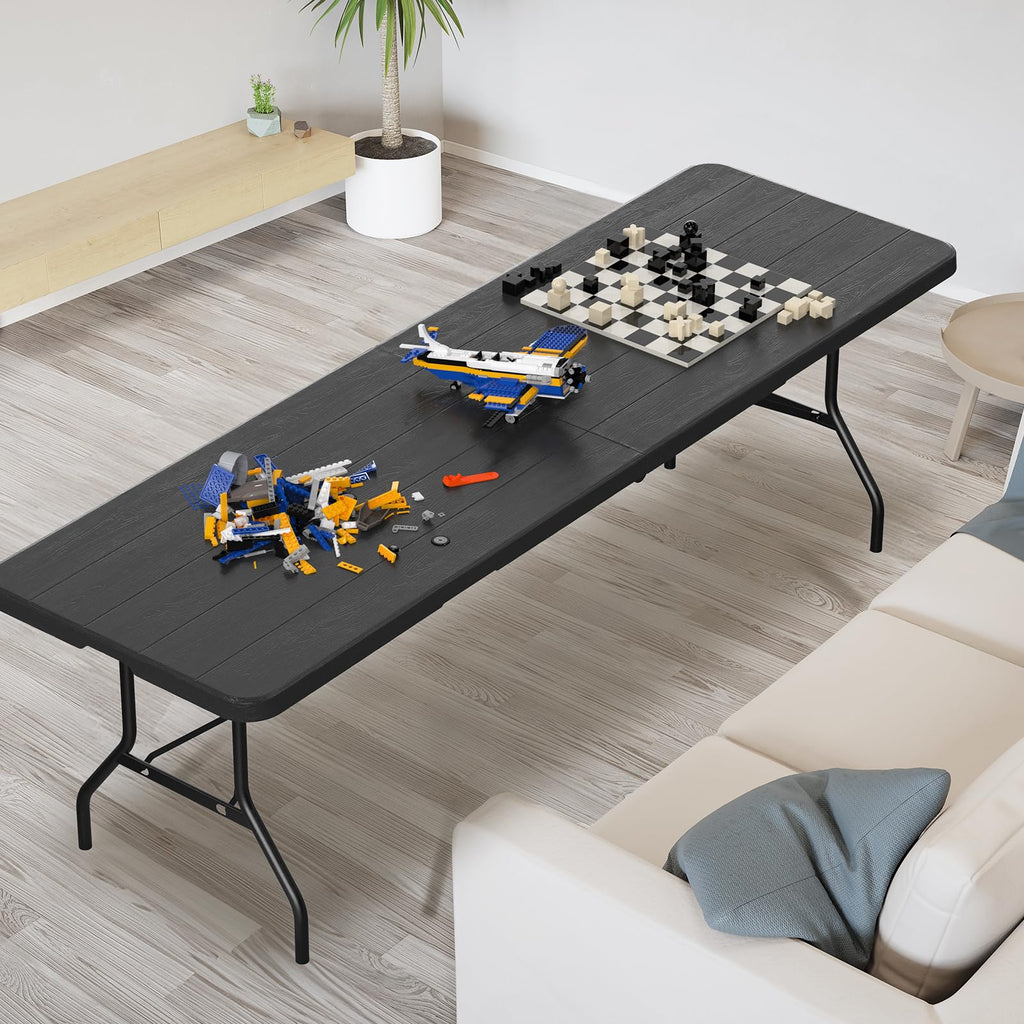 8 Foot Plastic Folding Table Portable Long Table for Indoor Outdoor Use Rectangular with Carrying Handle, Black