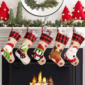 S 5 Pack, 18'' Large Christmas Stockings with Santa Snowman Gnomes Pattern,Classic Buffalo Plaid Cuff,Xmas Ornaments - Set of 5