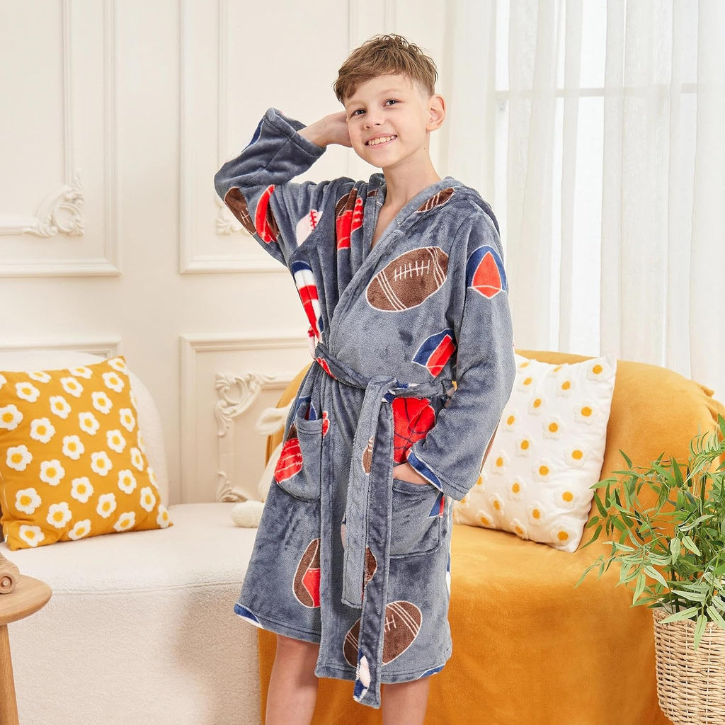 Boys Fleece Robe, Hooded Soft Fuzzy Bathrobe for Kids
