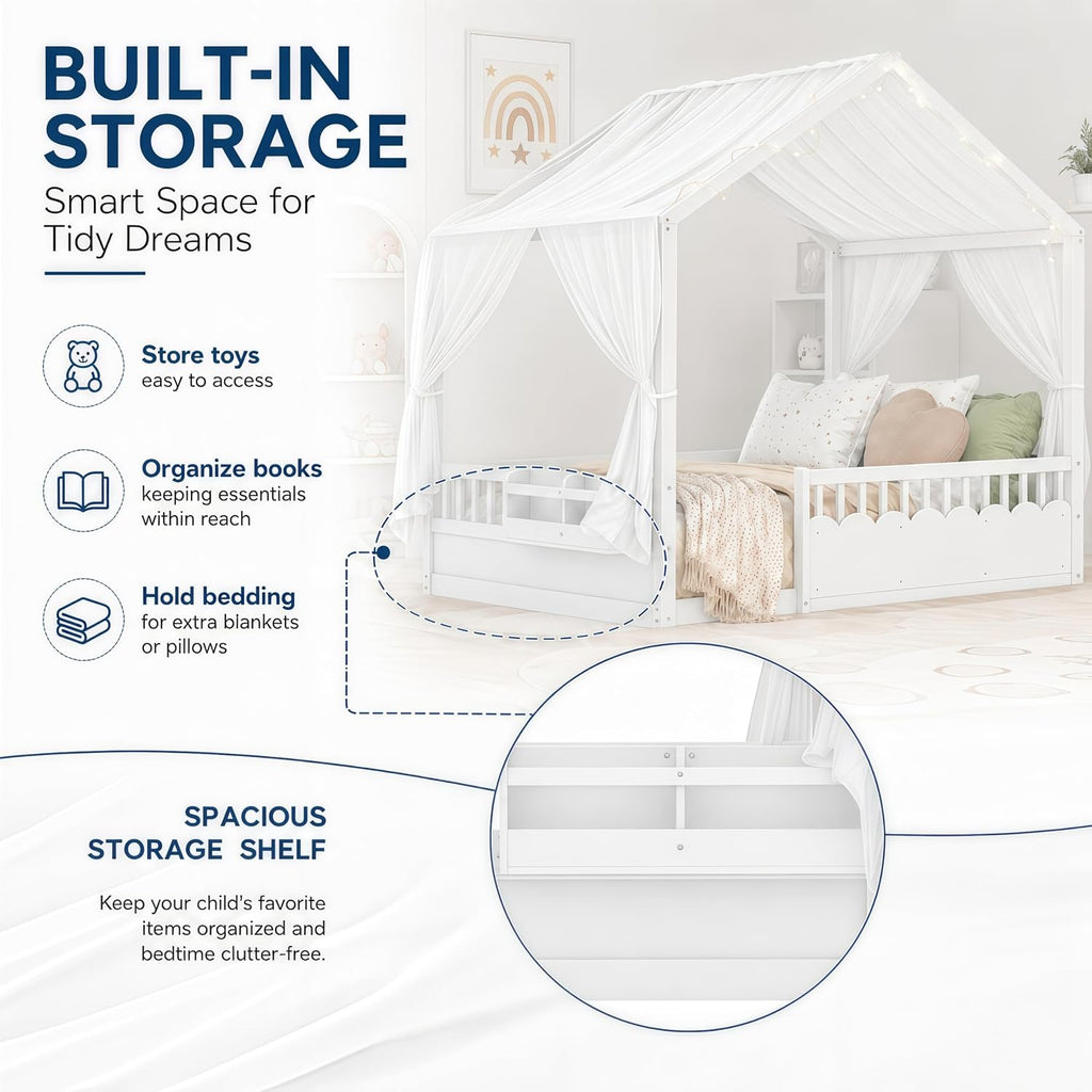 Floor Bed Frame, Wooden Canopy House Bed Frame, White