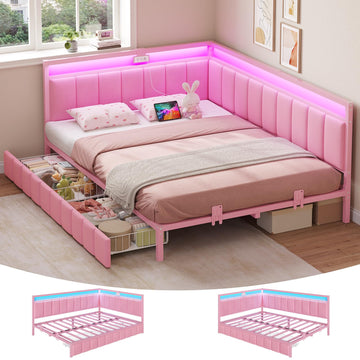 Full Corner Bed Frame with 2 Storage Drawers and Charging Station Full Size Velvet Platform Bed Frame for Girls with