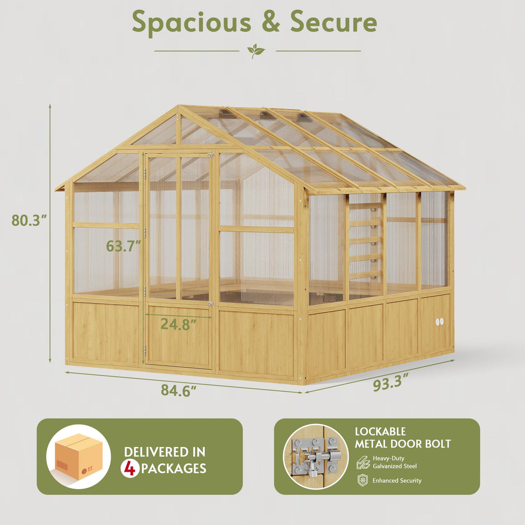7x8Ft Wooden Greenhouse, 9mm PC Panel Greenhouses for Outdoors