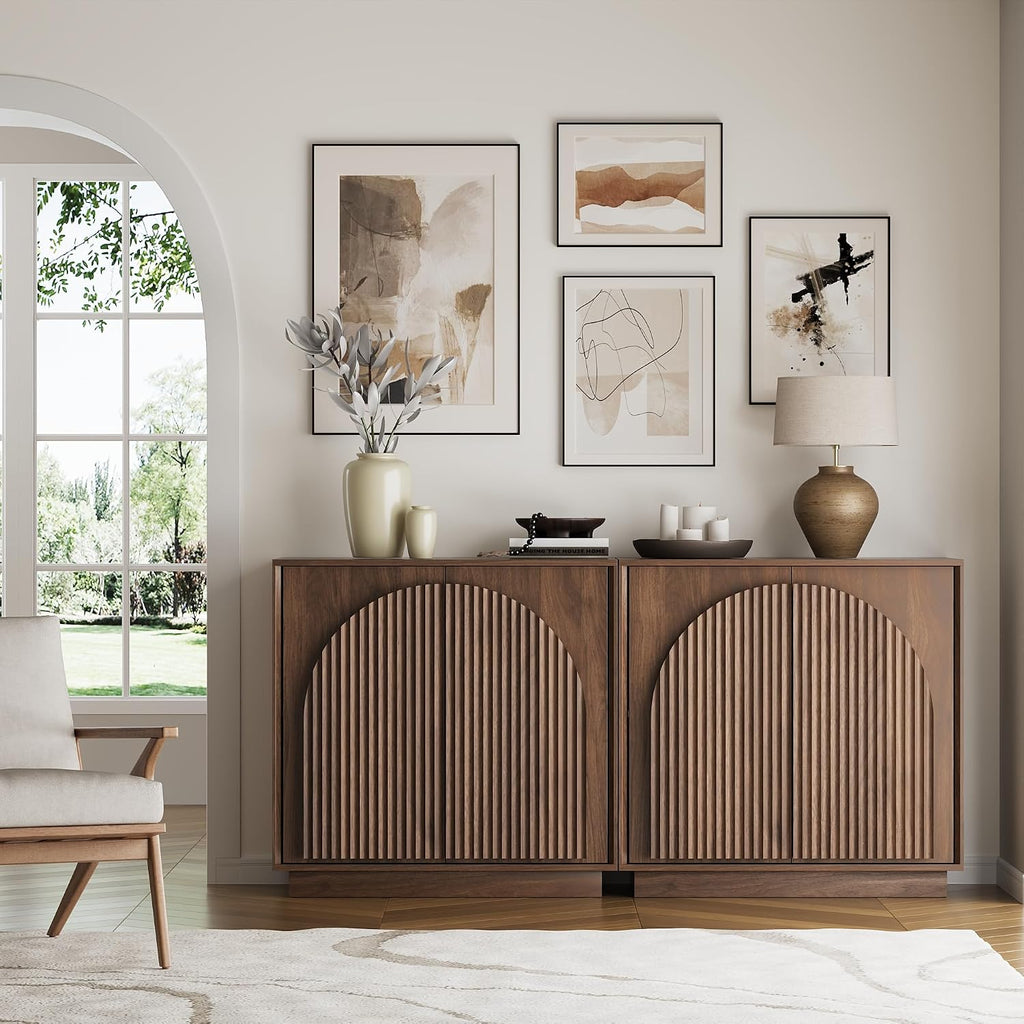 31.5" Small Buffet Cabinet with Storage, Arched Doors, Walnut, 1PCS | Modern Console Cabinet for Dining Living Room