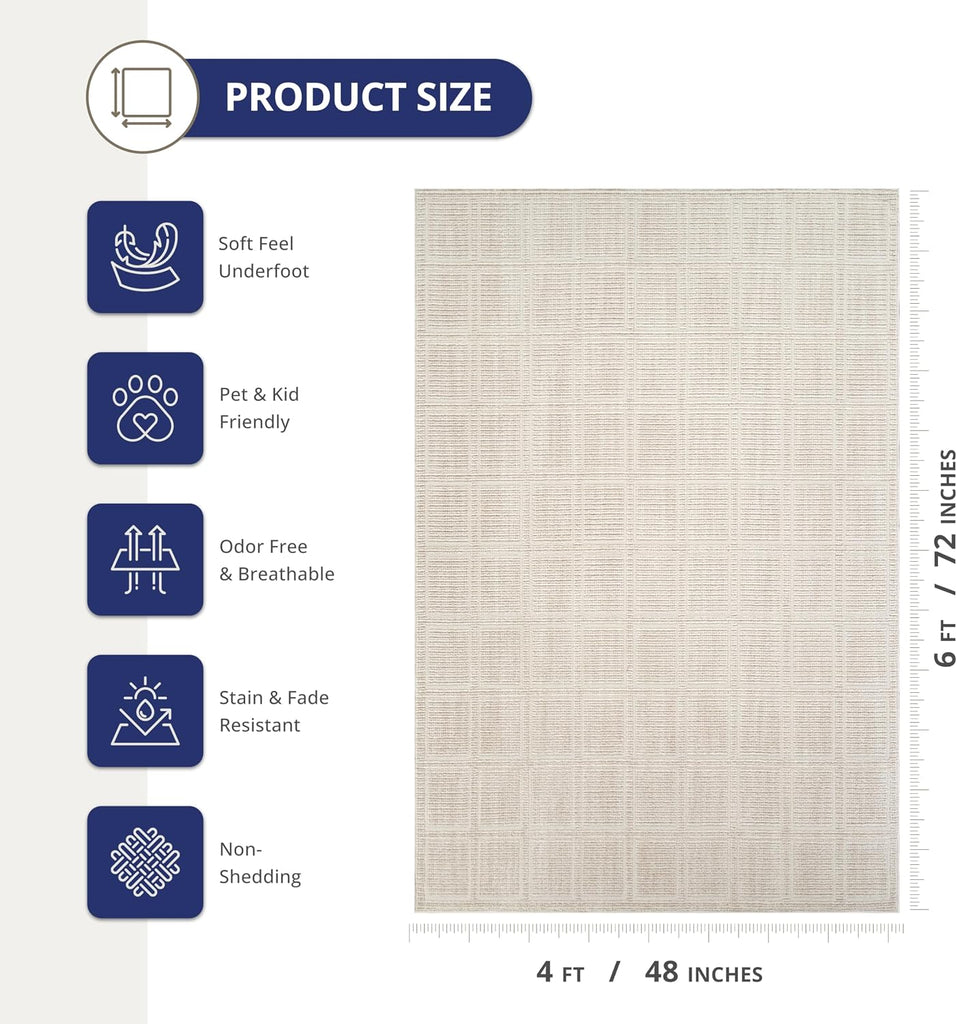 Beige Area Rug - - Burke Collection - Checkered Grid Pattern - Easy to Clean - Durable, or Office, Pet &