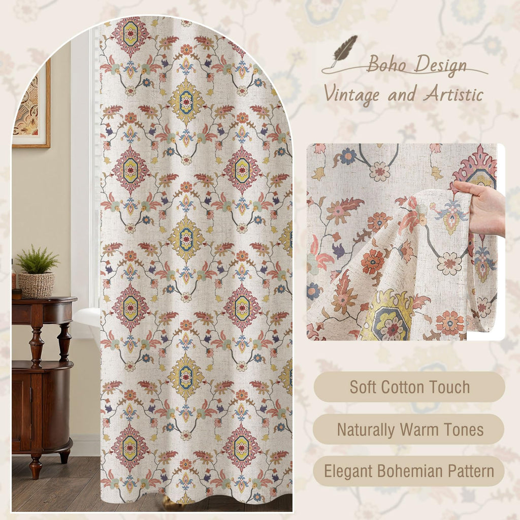 Boho Vintage Shower Curtain, Aesthetic Bohemian Patterned Shower Curtains, 72Wx84H