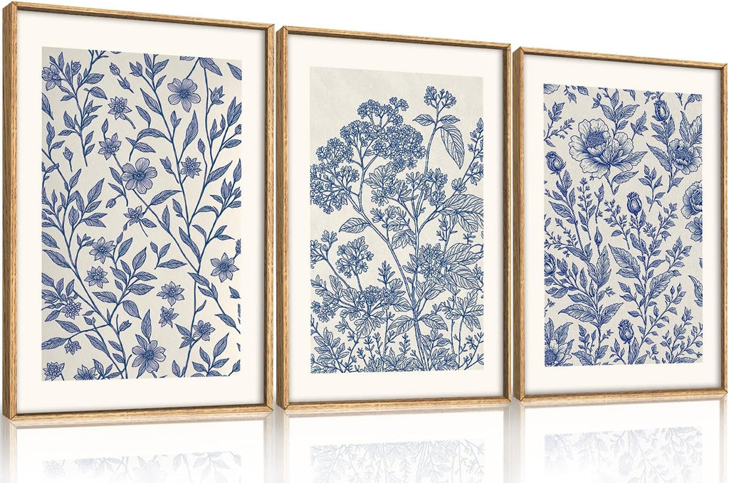 Large Classic Chinoiserie Flower Framed Canvas Wall Art Set,Minimalist Blue and White Floral Wall Decor,Navy