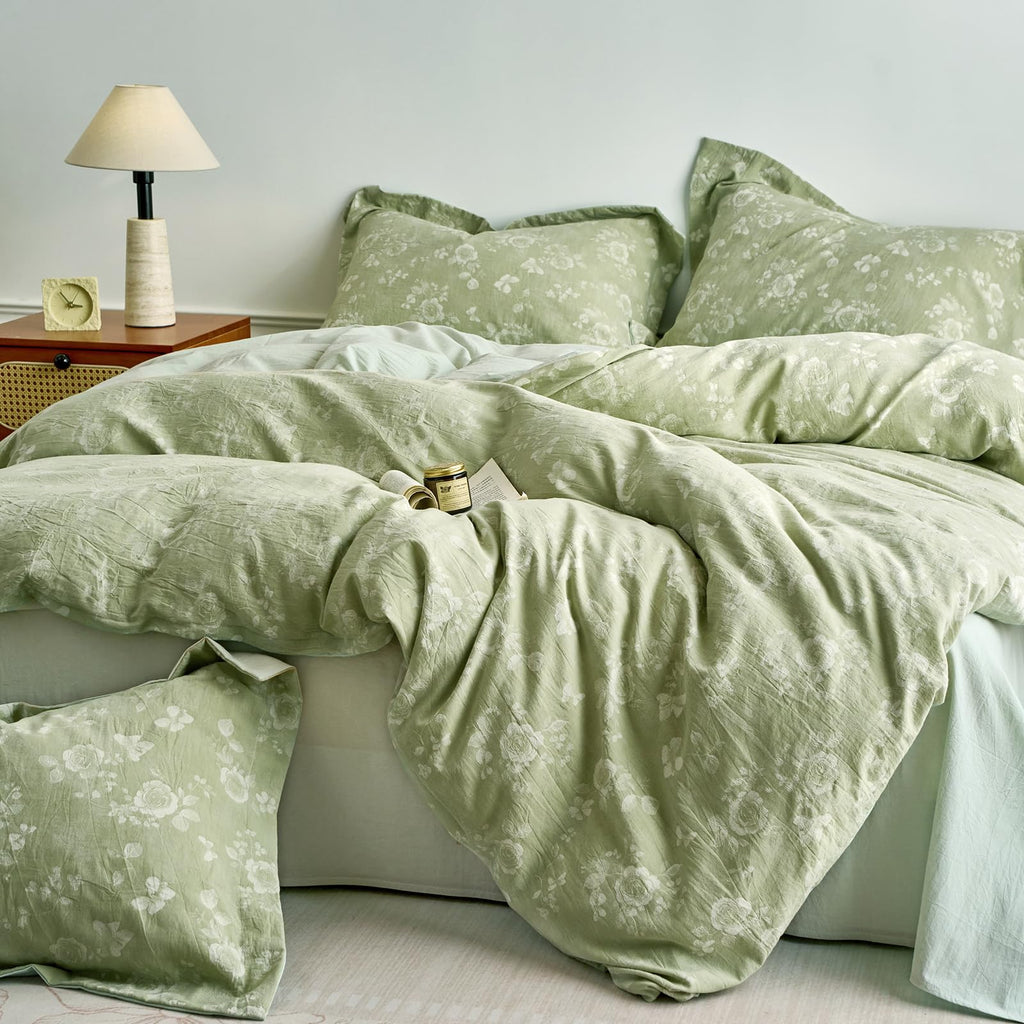 100% Washed Cotton Cover Set, Reversible Vintage Green Floral Butterfly Jacquard Textured Comforter Cover, Boho