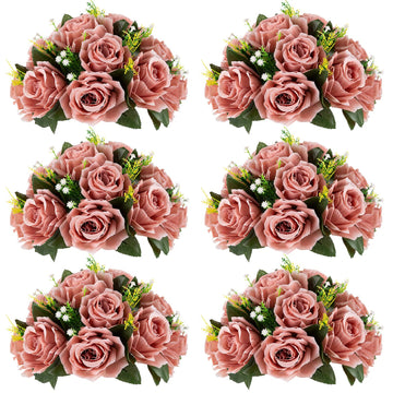 Artificial Flower Centrepieces for Tables - 6 Pcs Dusty Rose Fake Flowers Roses Balls 9.5in Diameter - Silk Faux Rose