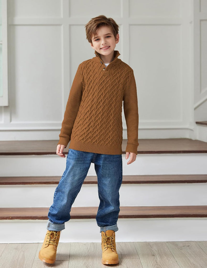 Boys Turtleneck Sweater Long Sleeve Cable Knit Button Up Pullover Winter Warm Tops for Kids