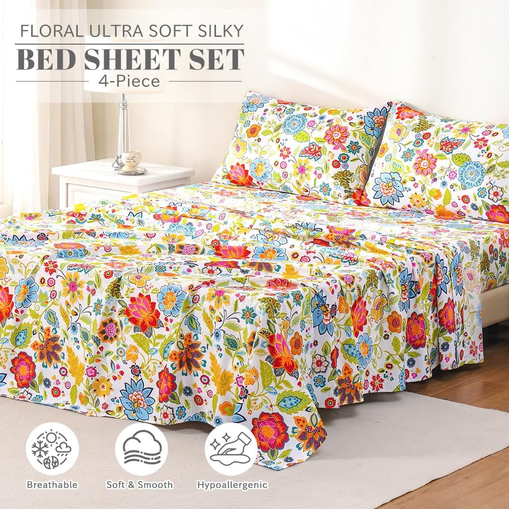 Queen Sheet Set Ultra Soft Breathable Silky Flower Bed Sheets Deep Pocket 100% Microfiber Bedding Sheets 4 Piece