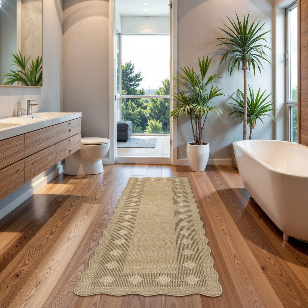 Scalloped Easy Jute Diamond Rug, Washable 2x6 Runner Tan Rugs, Geometric Checkered Indoor Outdoor Farmhouse Non