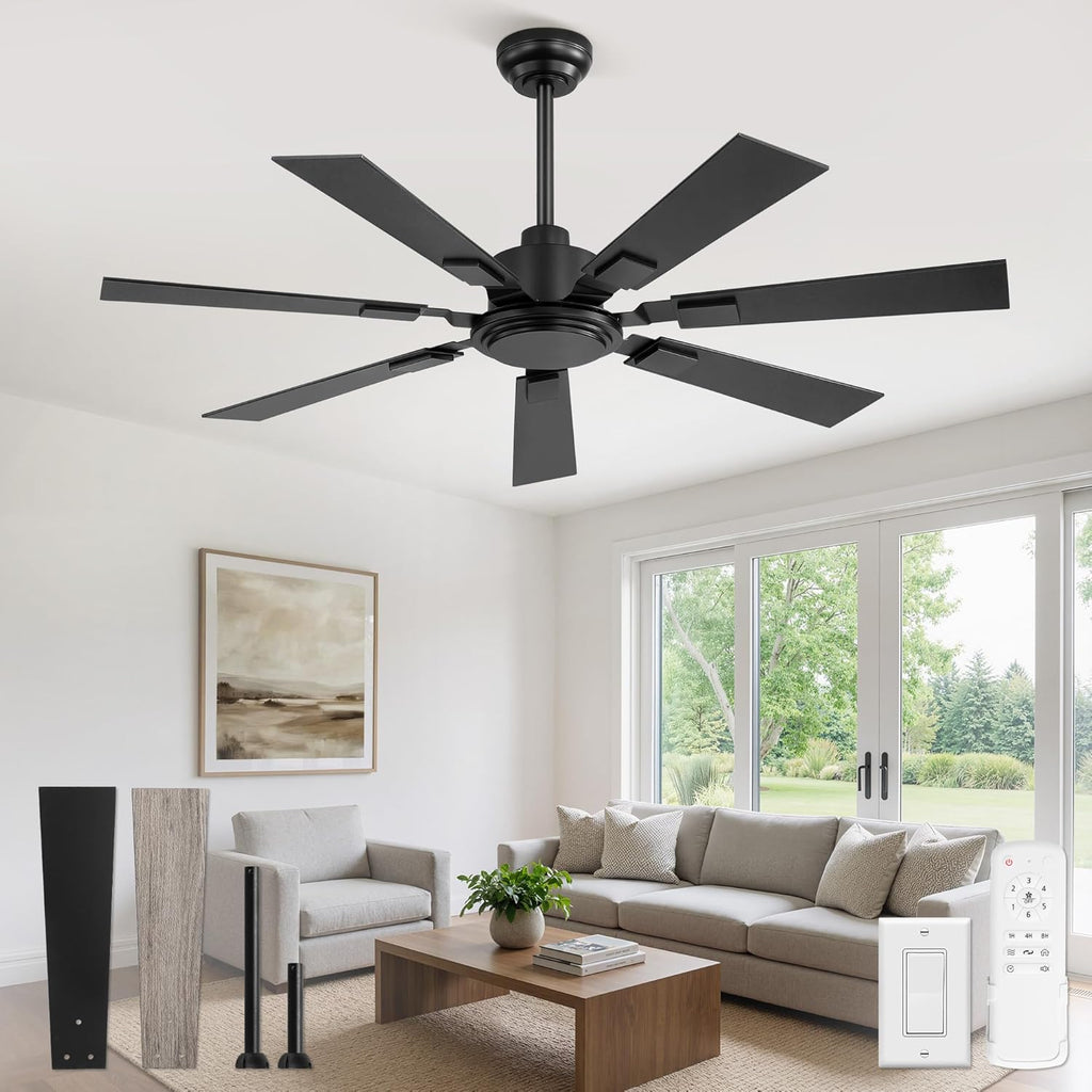 52“ Ceiling Fans No Light with Remote, Black Modern Ceiling Fan Without Light, Quiet Reversible DC Motor, 6 Speeds