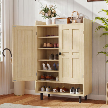 Farmhouse Shoe Cabinet with Doors, 6-Tier Wooden Shoe Organizer with Adjustable Shelves, Entryway Storage Cabinet
