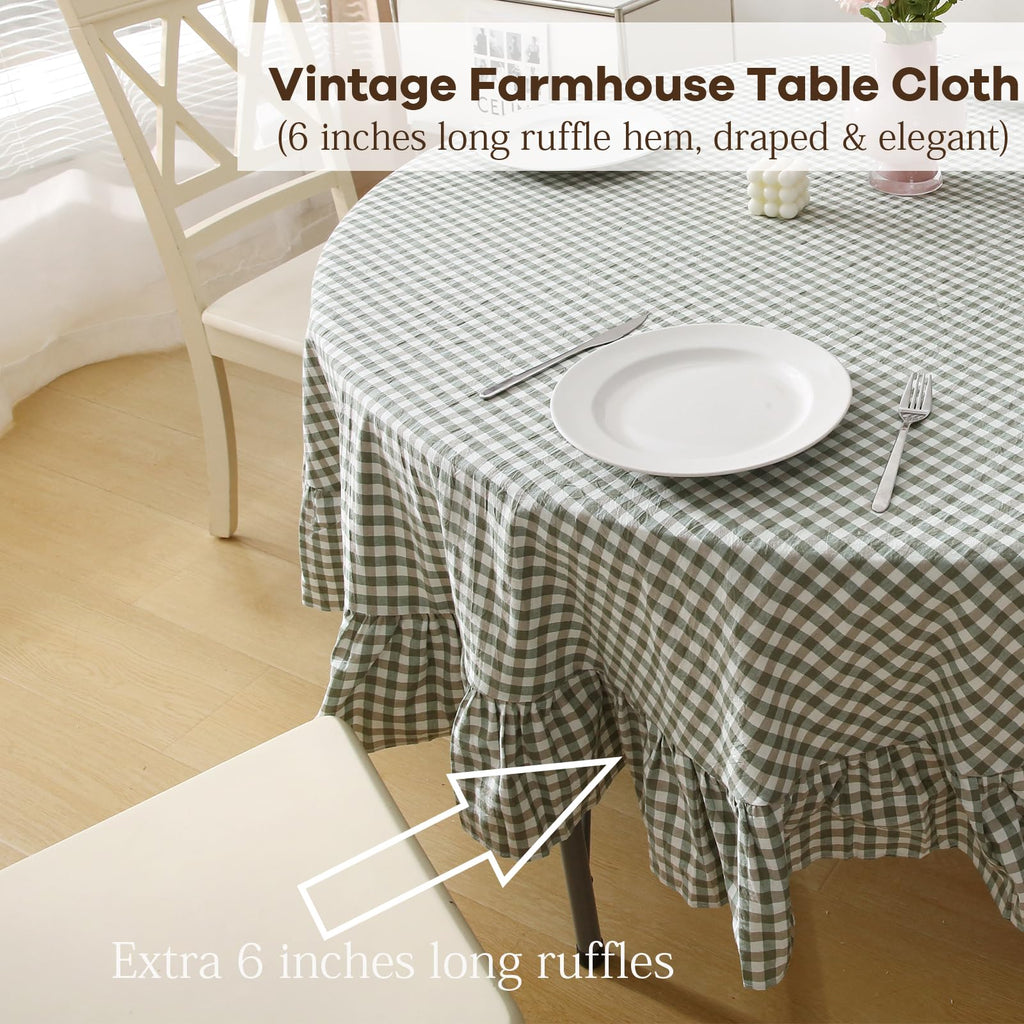 Sage Green White Gingham Tablecloth Round Dia.70"