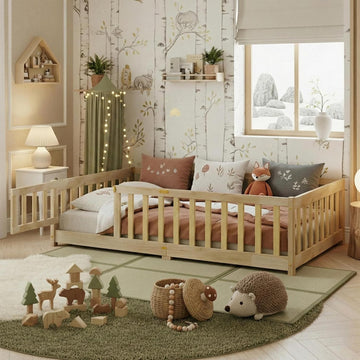 Montessori Floor Bed with Slats and Door, Solid Wood Floor Bed Frame with High Rails, Low Wooden Kids Beds