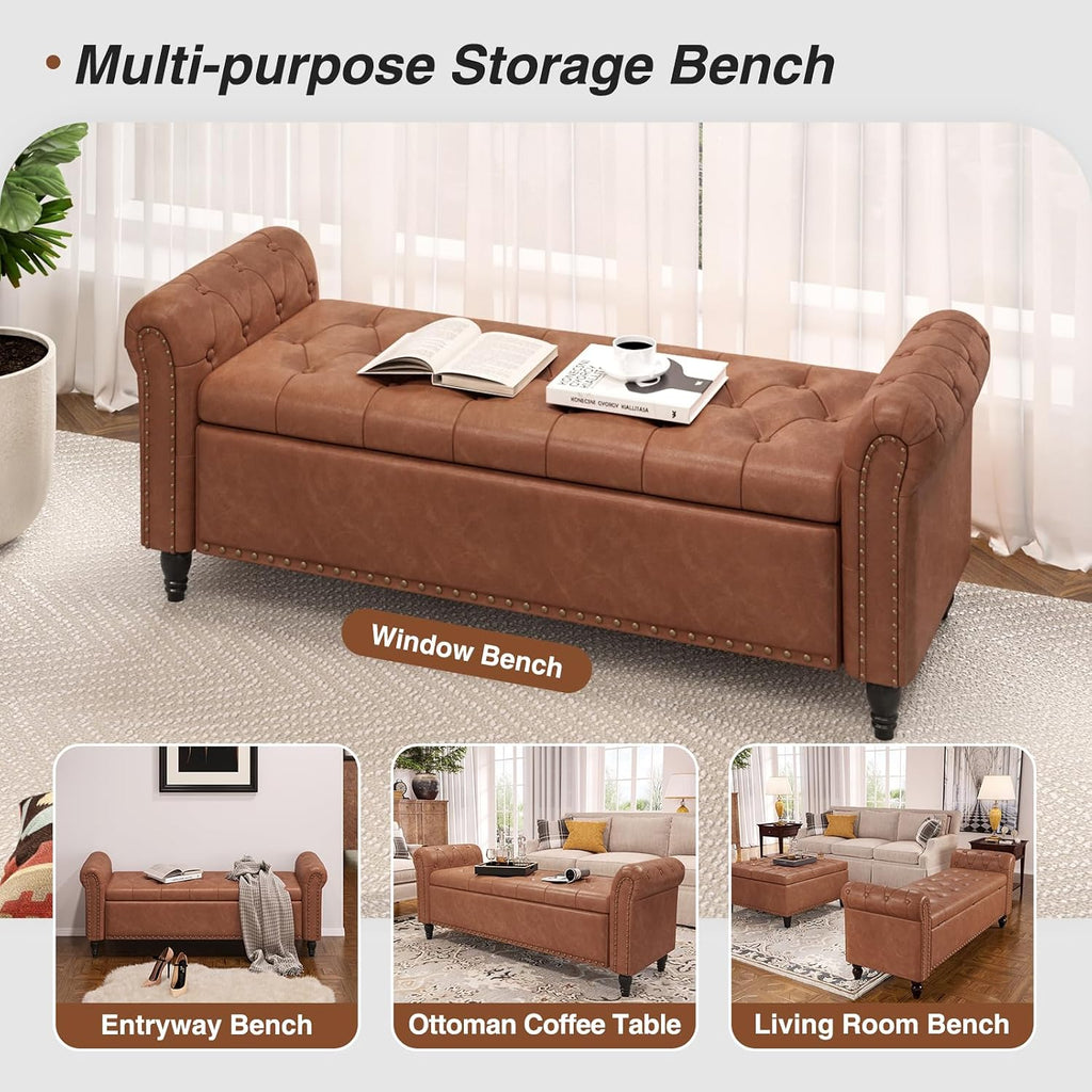 65 Inch Bedroom Bench, End of Bed Bench with Storage, Brown | Bed Benches for Foot of Bed, Faux Leather Window Bench