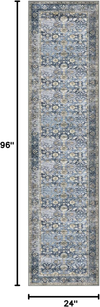 Vintage Washable Runner Rug, 2x8 Blue Grey Beige Runners