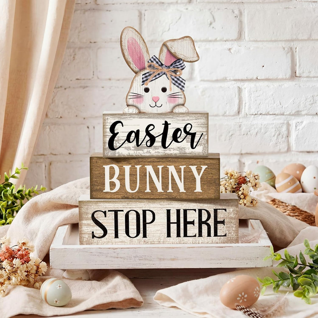 Easter Bunny Wood Signs Farmhouse Tiered Tray Table Decor - Set of 4