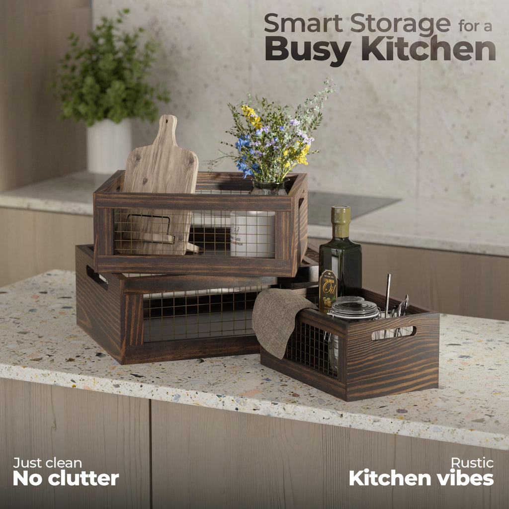 Set of 3 Wooden Nesting Countertop Baskets Wood Crates for Display