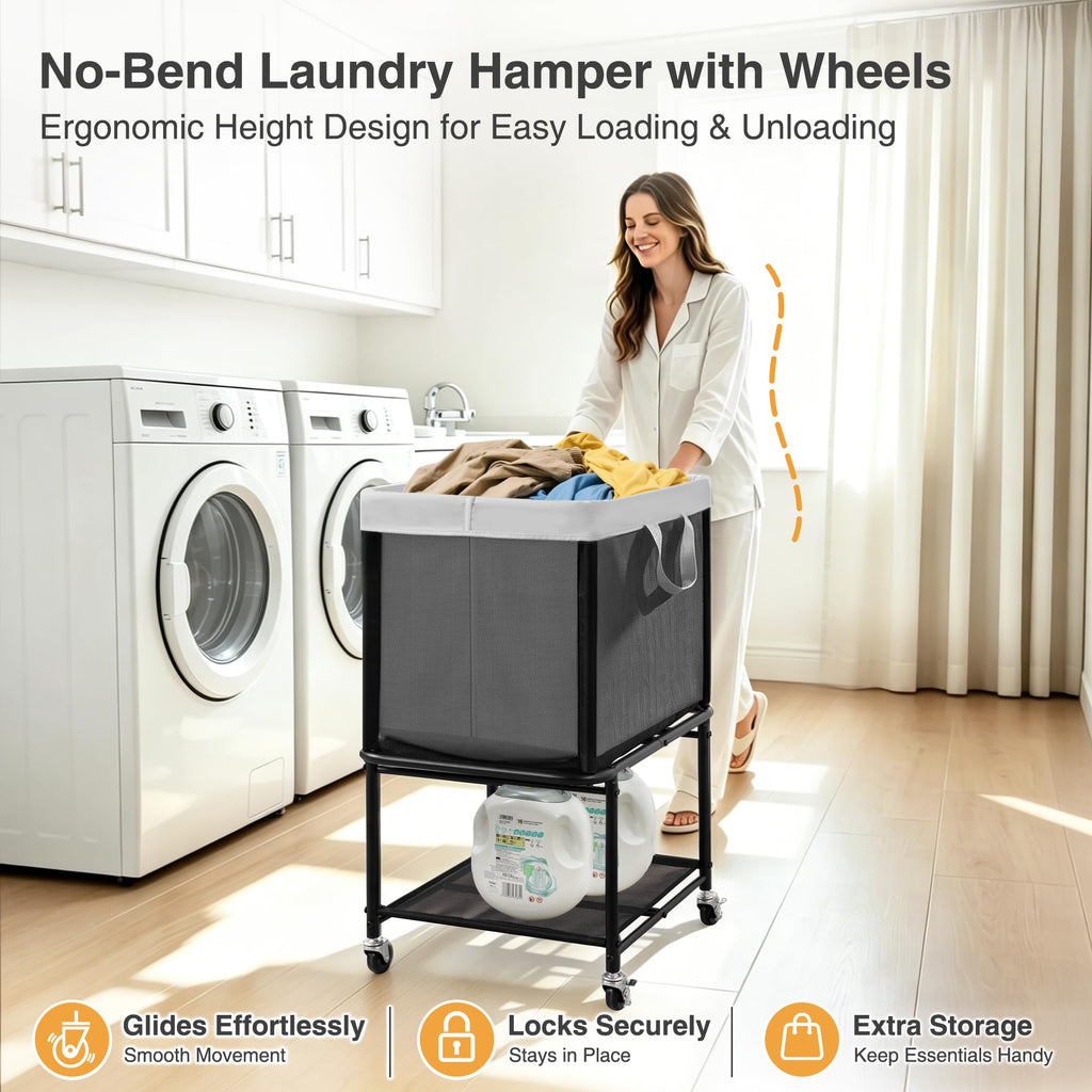 Rolling Laundry Hamper with Lockable Wheels, 29-Gallon (110L) Laundry Cart with Removable Canvas Bag, 2-Tier Clothes