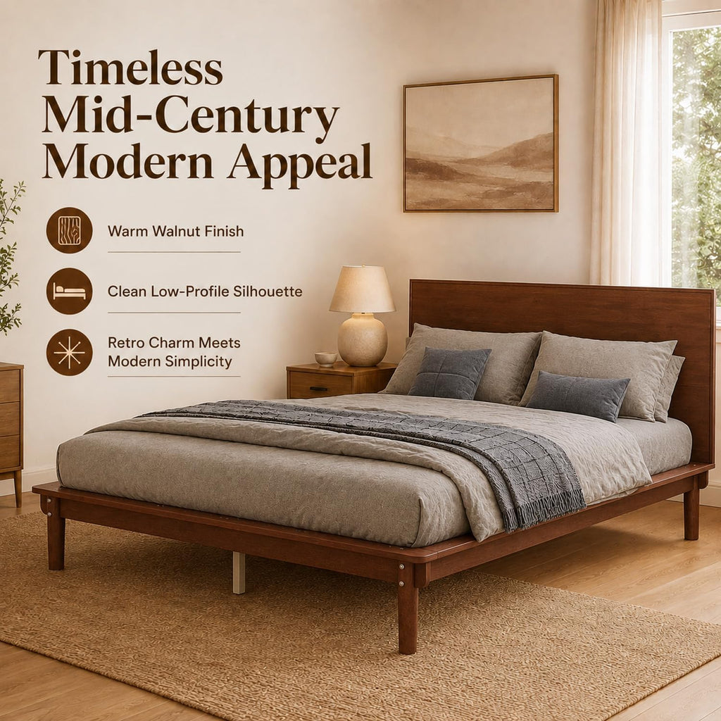 Platform Bed Frame with Headboard Wood, Walnut