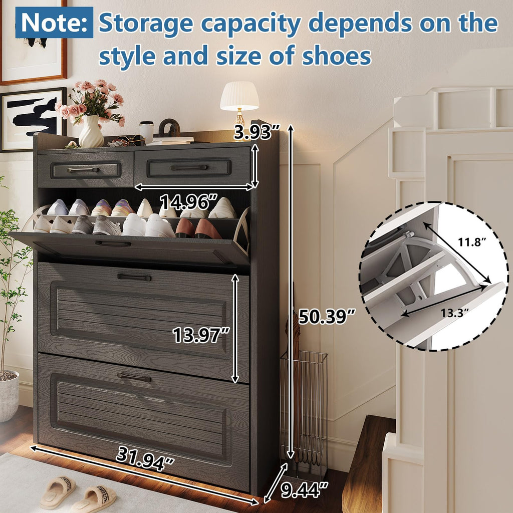 31.5" W Shoe Cabinet, Hidden Wood Shoe Cabinet with 2 Storage Drawers & 3 Flip Drawers, Narrow Freestanding Shoe