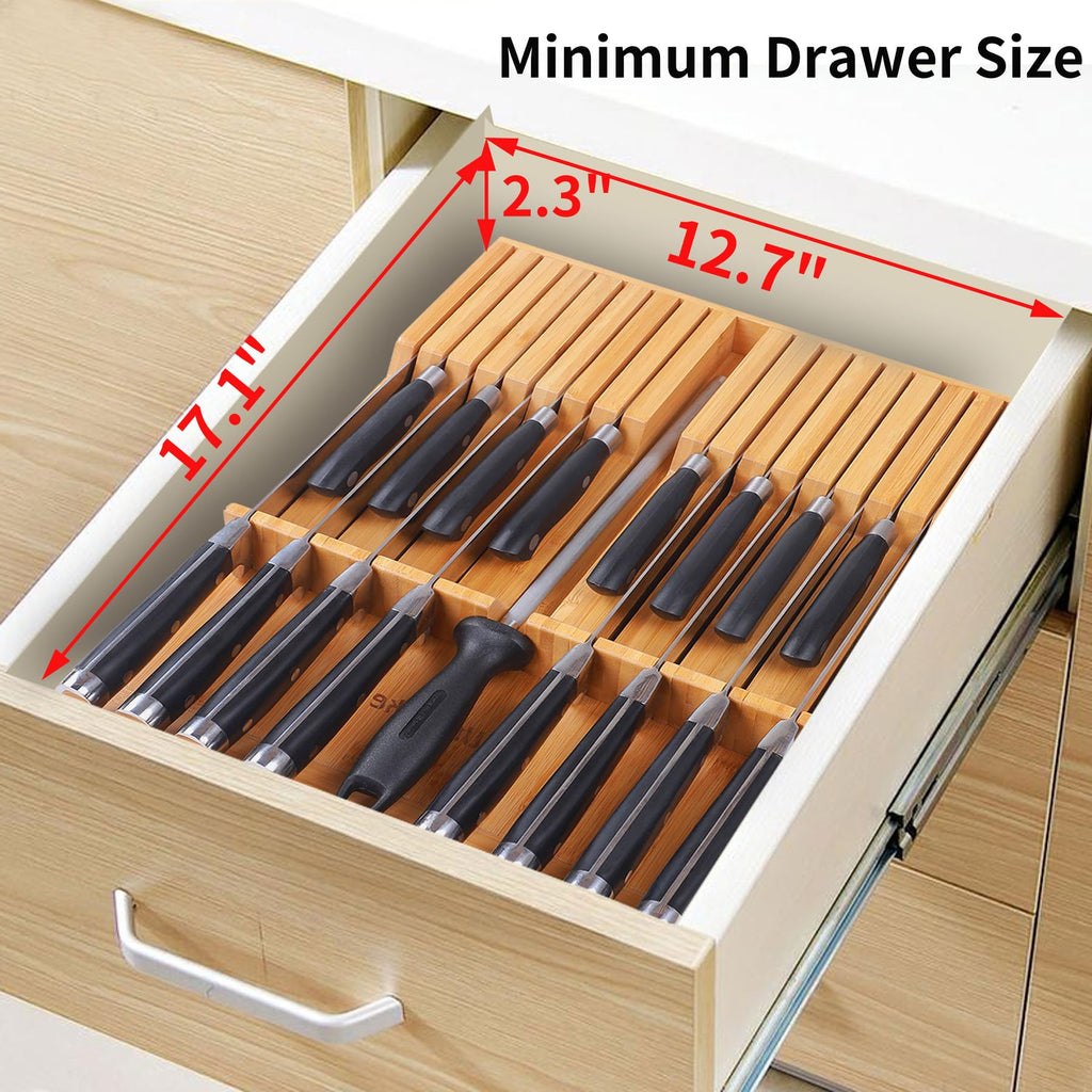 In-drawer Knife Block Bamboo Kitchen Knives Drawer Organizer Large