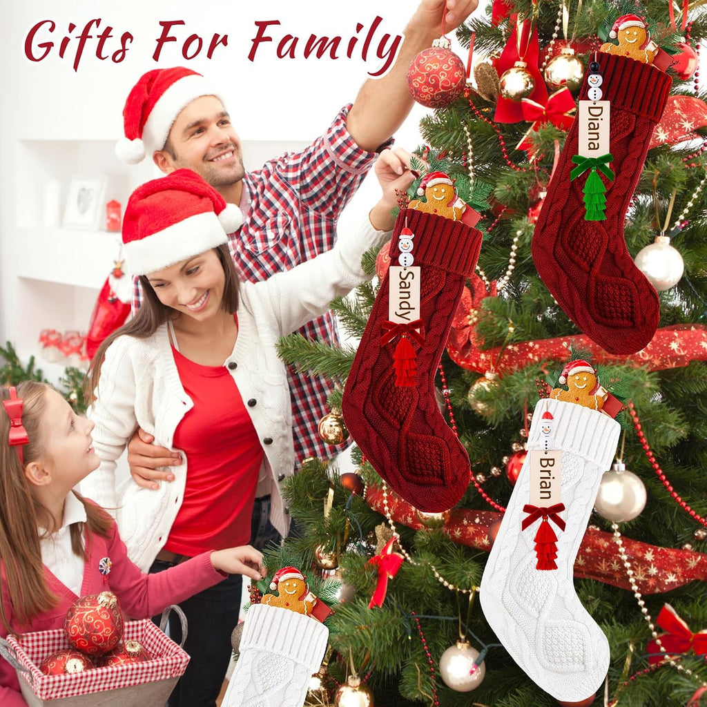 Christmas Stockings 18 Inch Cable Knit Stockings with Personalized Snowman Name Tags, Red and White Large Xmas - Set of 6