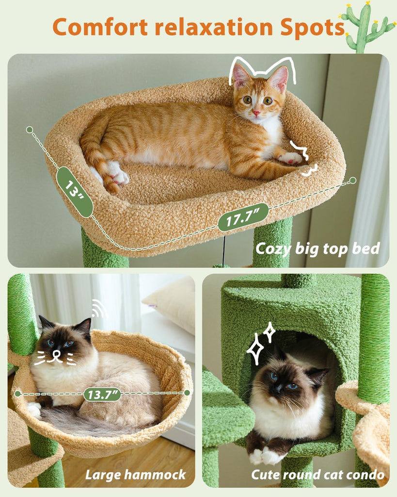 59" Cactus Cat Tree, Large Cat Tree for Indoor Cats, Cat Tower for Large Cats, Multi-Level Tower, Condo with Hammock
