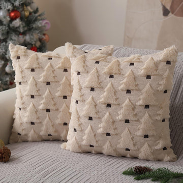 Christmas Pillow Covers 20x20 inch Christmas Decorations Soft Plush Faux Fur Wool Beige Christmas Tree Throw - Set of 2
