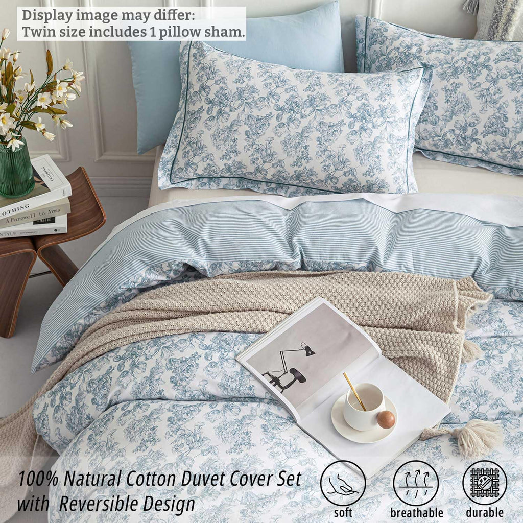 Vintage 100% Cotton Duvet Cover Queen 3PC - Elegant Pale Slate Blue Floral Pattern on White with Light Blue & White - Set of 3